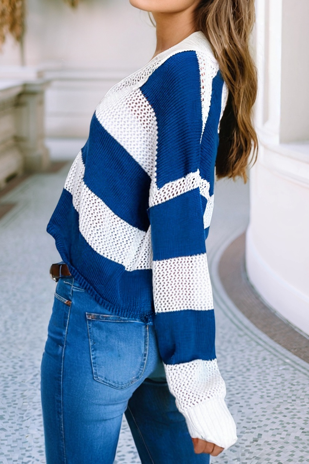 Blue & White Eyelet Crochet Sweater