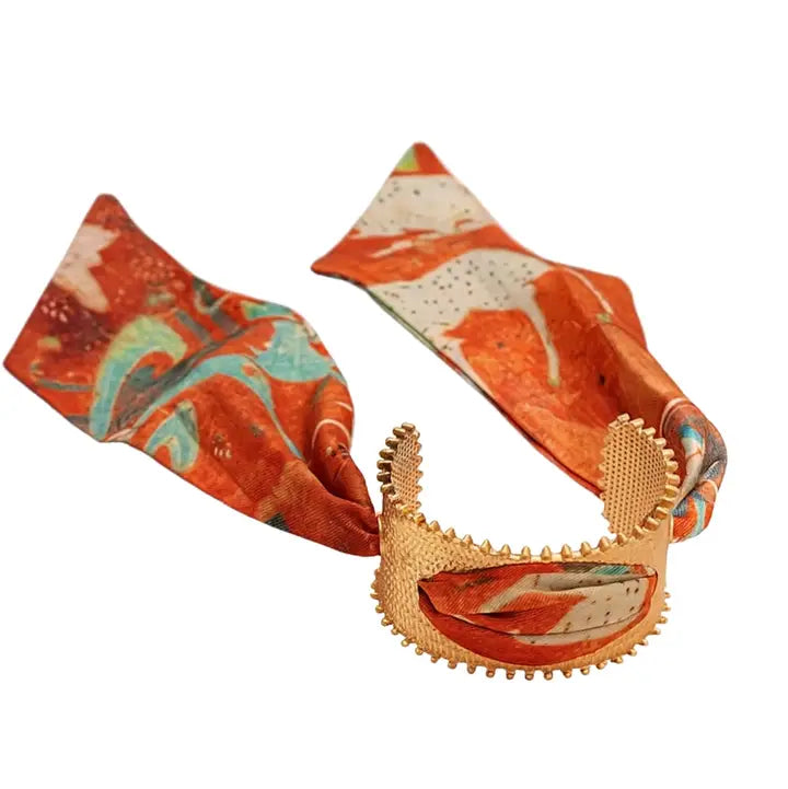 Orange & Coral Scarf Gold Cuff Bracelet