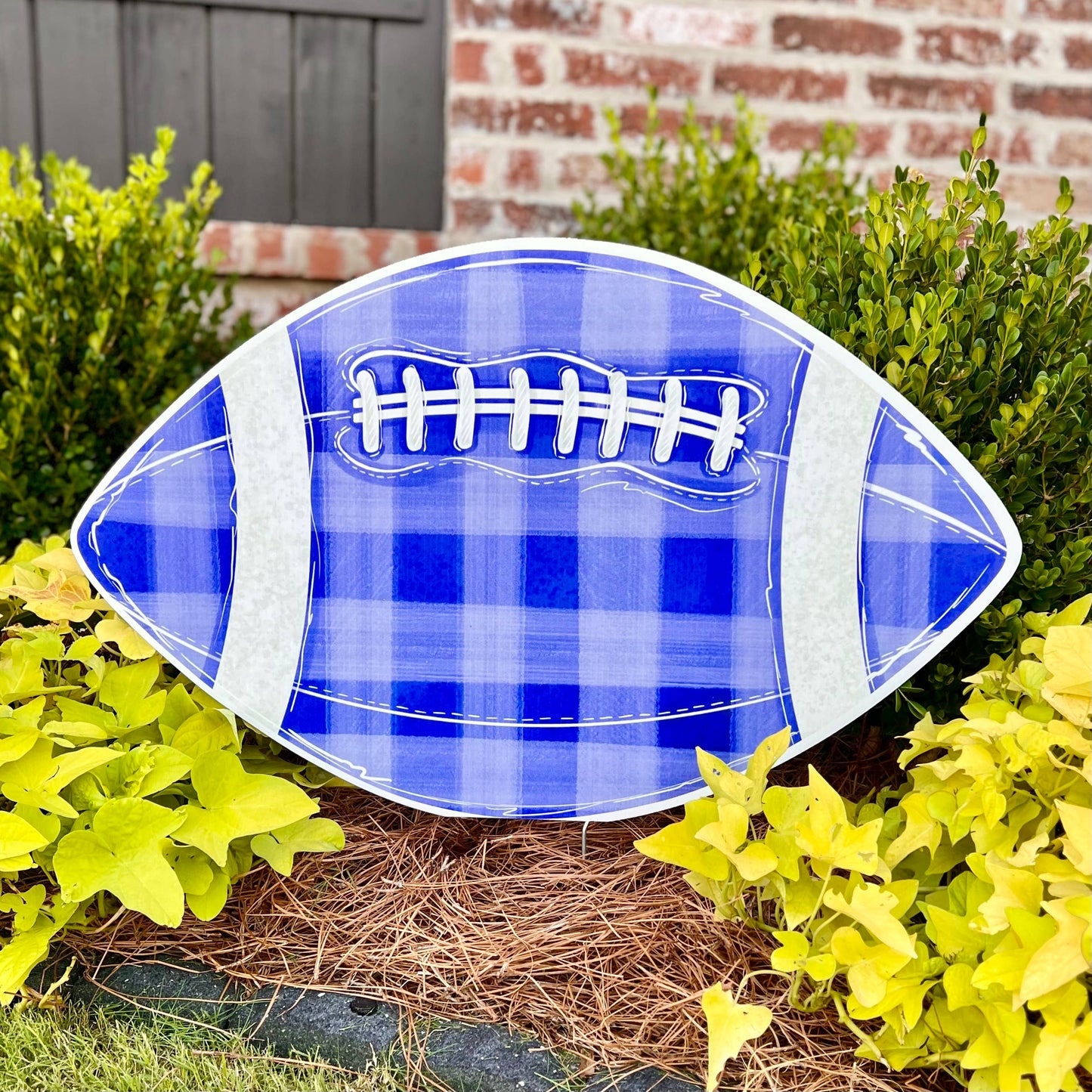 Blue Gingham Football Garden Stake