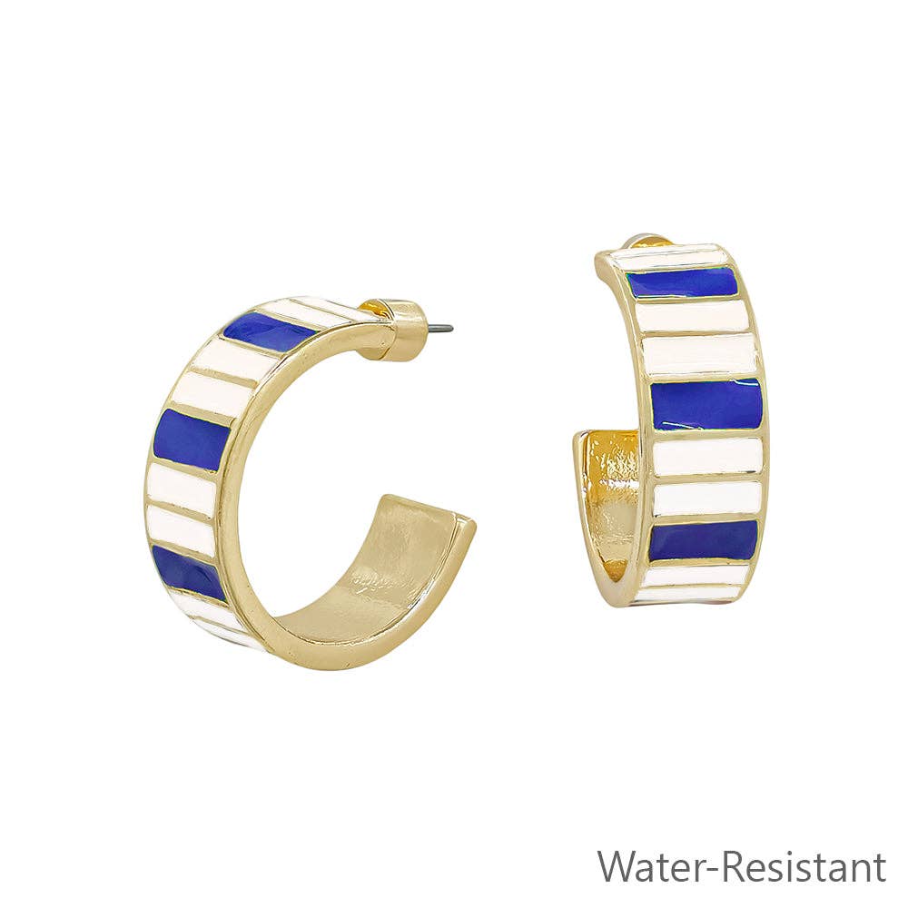 Blue & White Striped Enamel Hoop Earrings | Game Day Jewelry