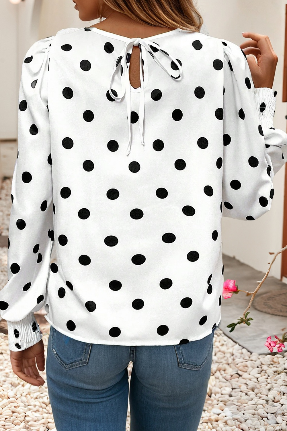 Polka Dot Print Round Neck Frilled Long Sleeve Blouse