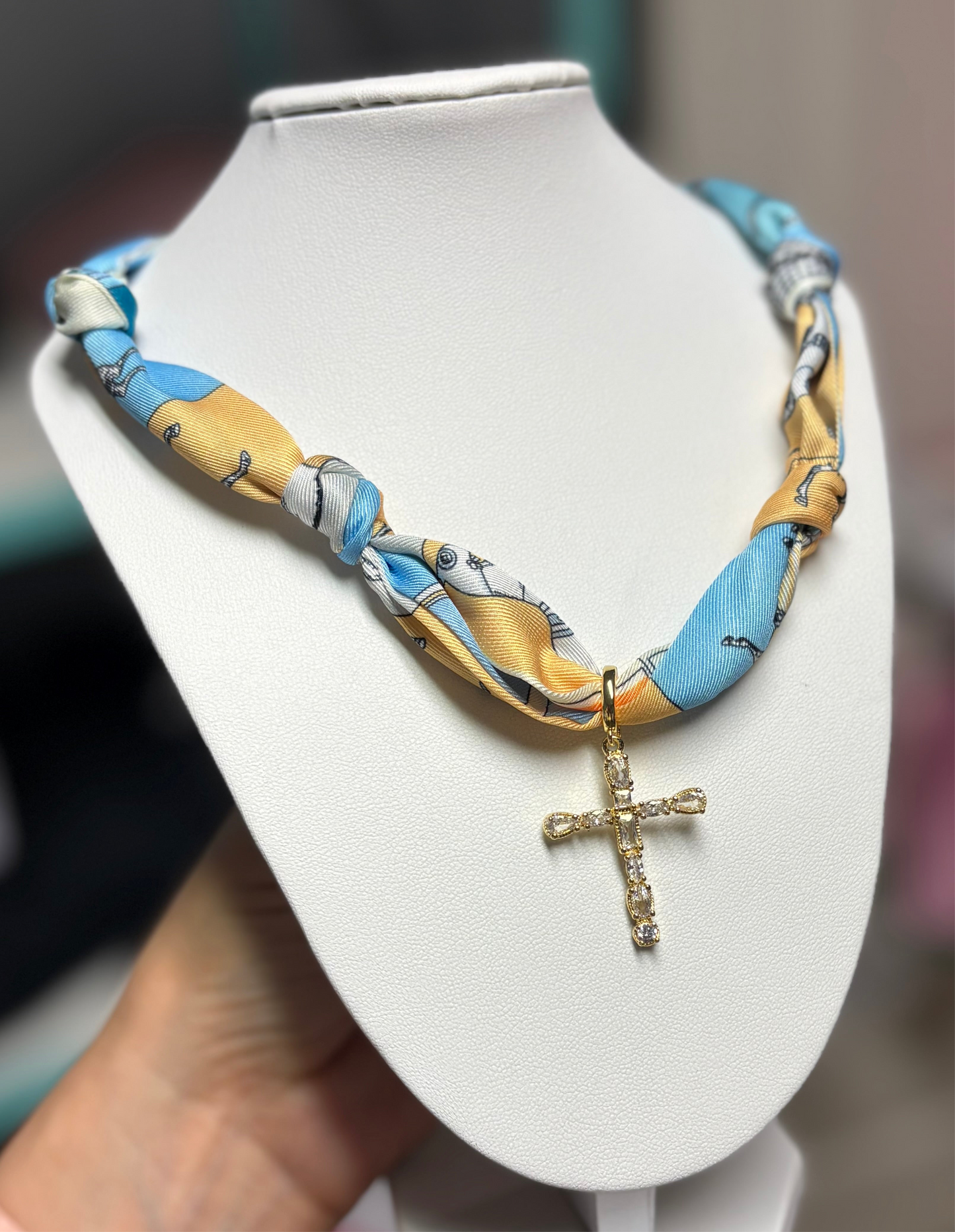 Blue Horse Pattern Cross Charm Scarf Necklace