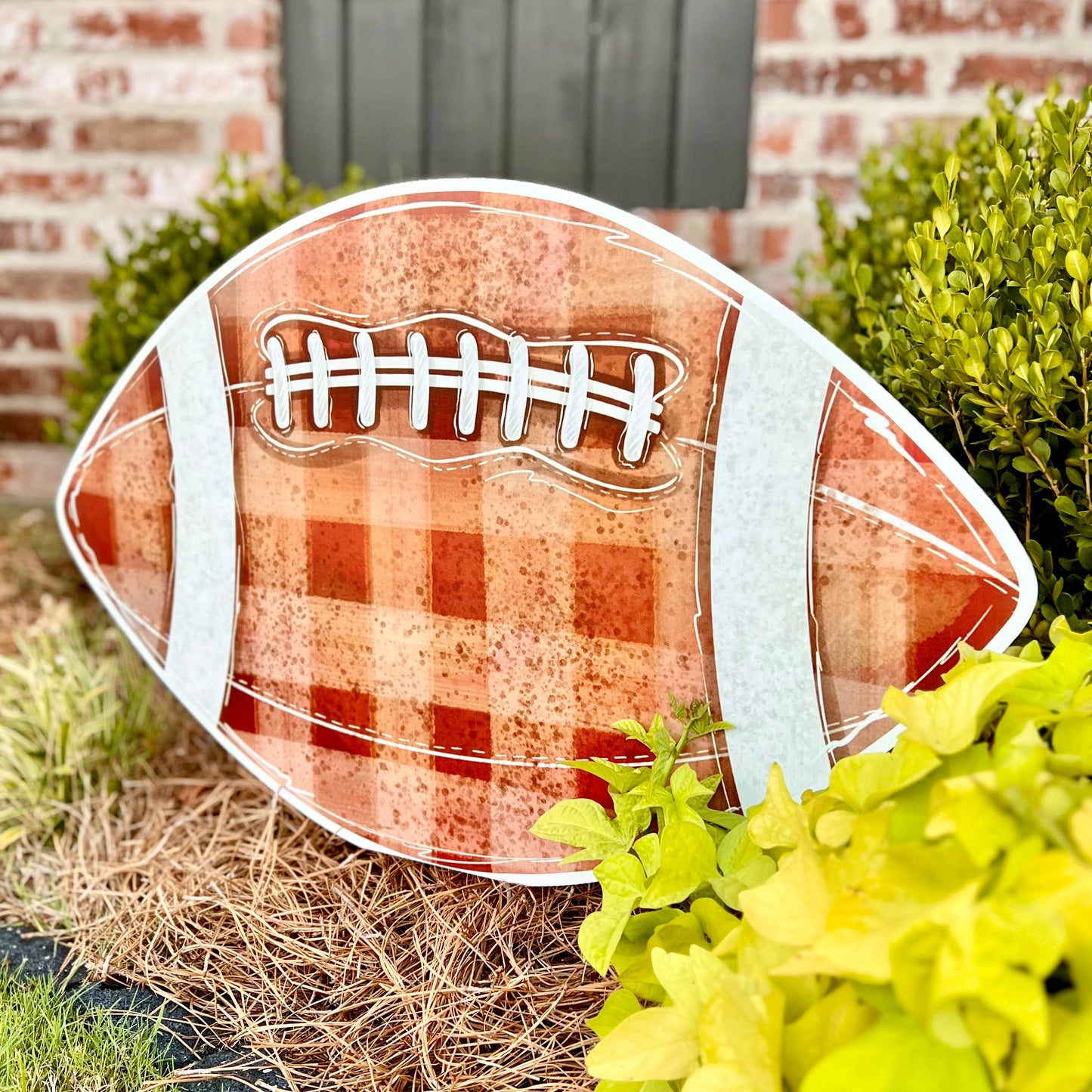 Brown Gingham Football Garden Stake