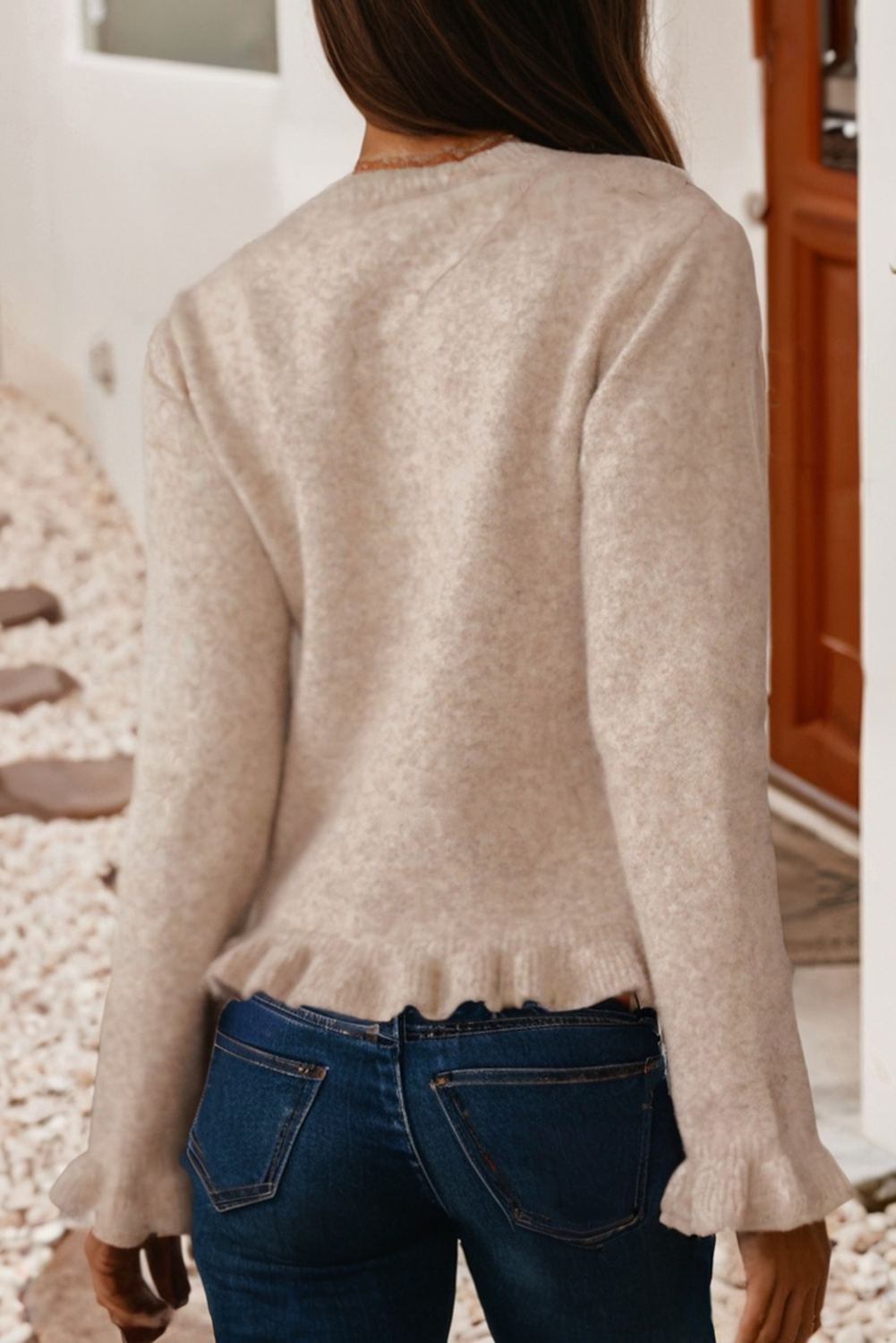 Ruffle Trim Gold Button Sweater Cardigan