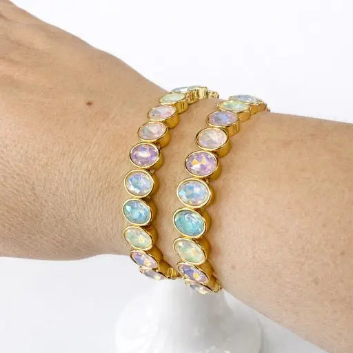 multicolor opal beaded bracelet on wrist