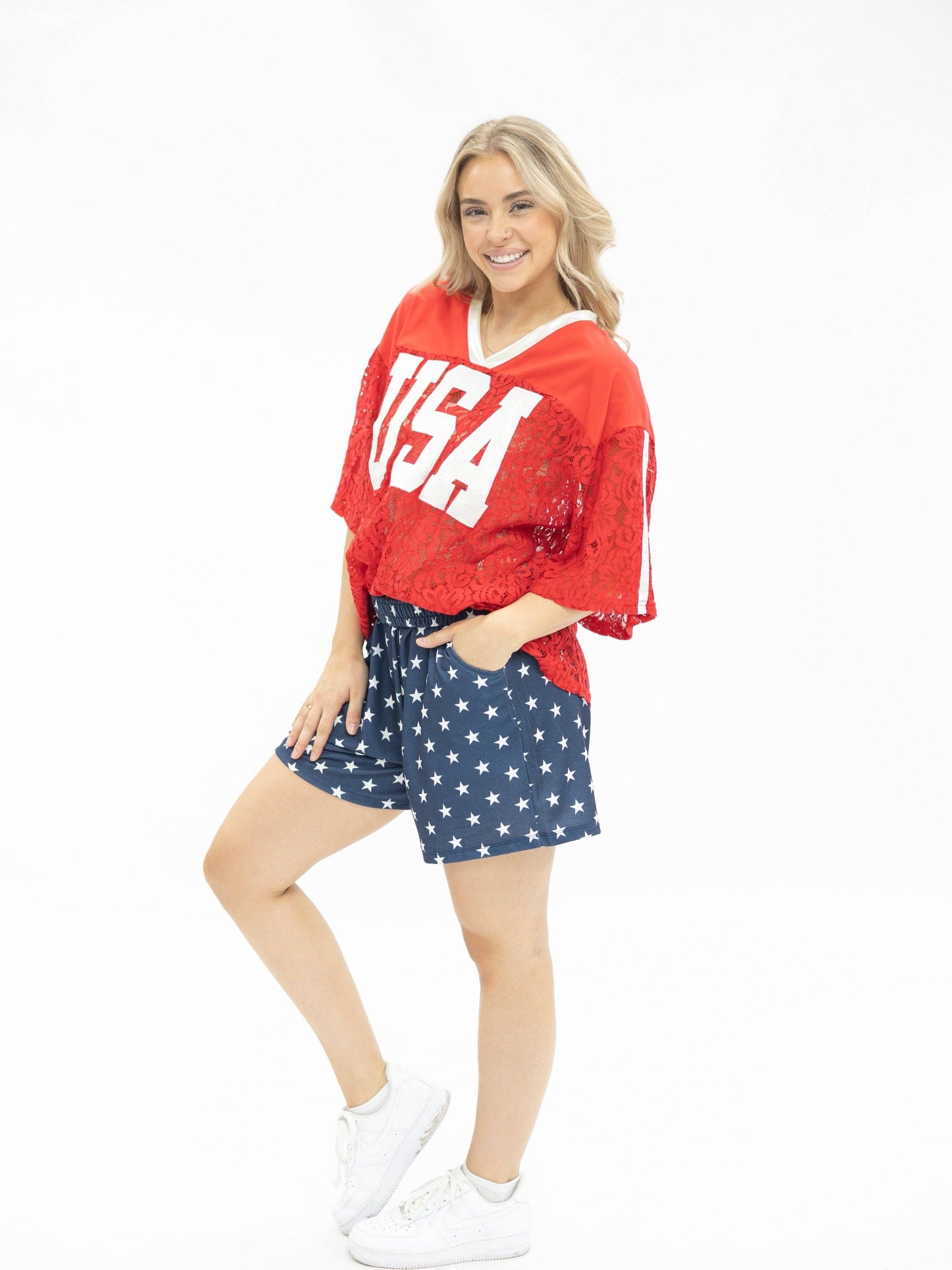 Grace + Emma Red USA Lace Jersey Top