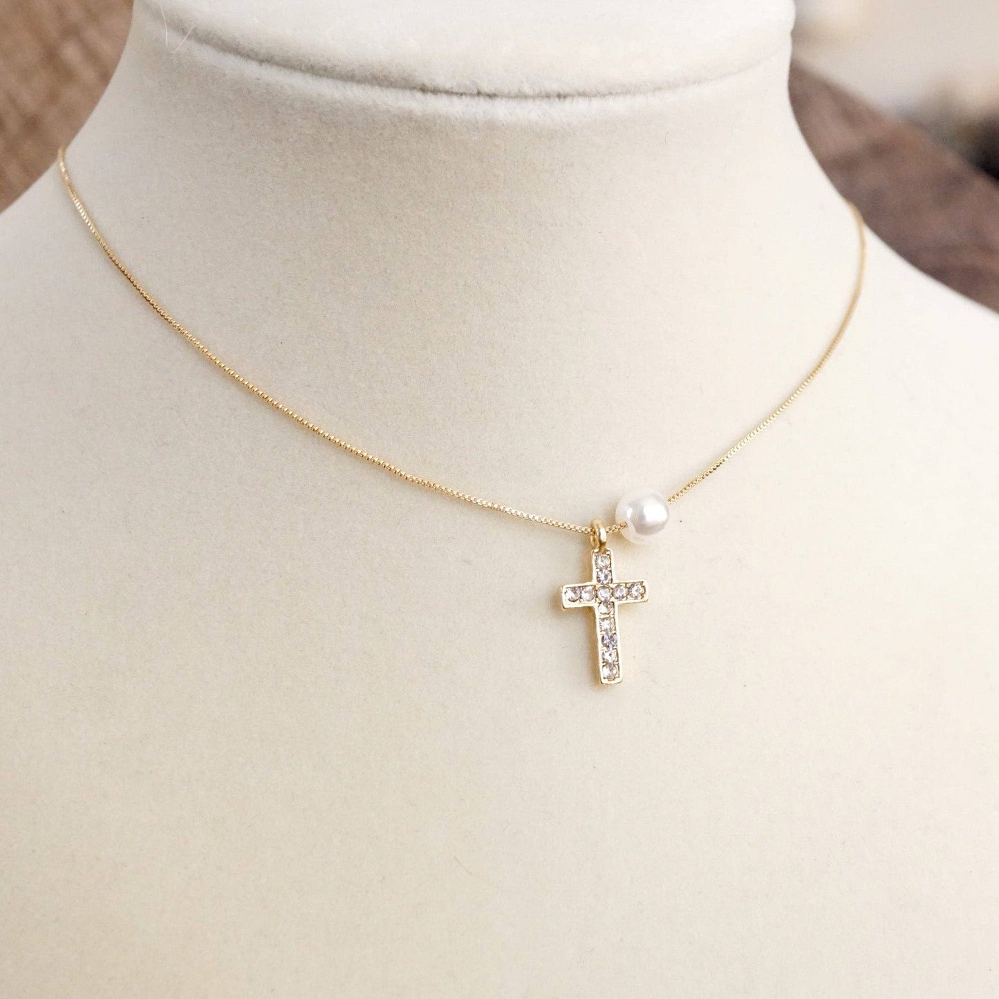 Dainty Cross and Pearl Necklace