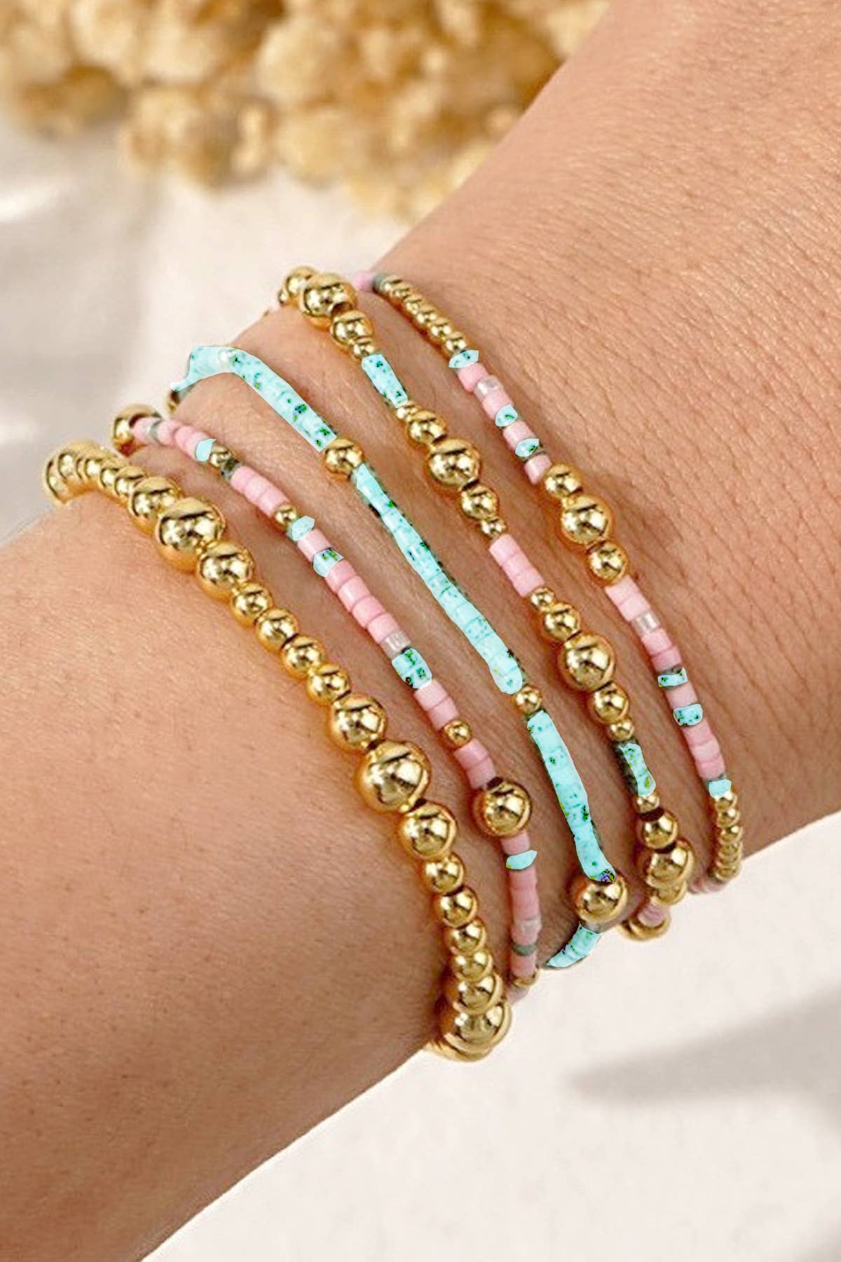 Teal, Pink & Gold Natural Stone Bracelet Set