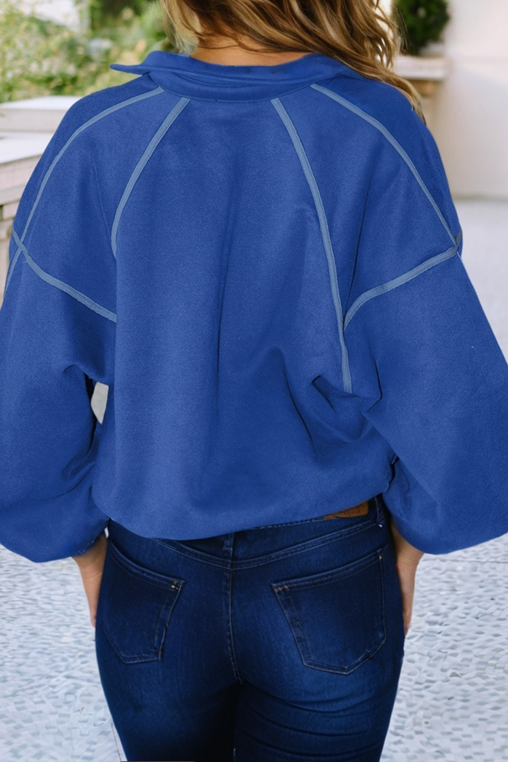 Blue Button up Collared Exposed Seam Sweatshirt
