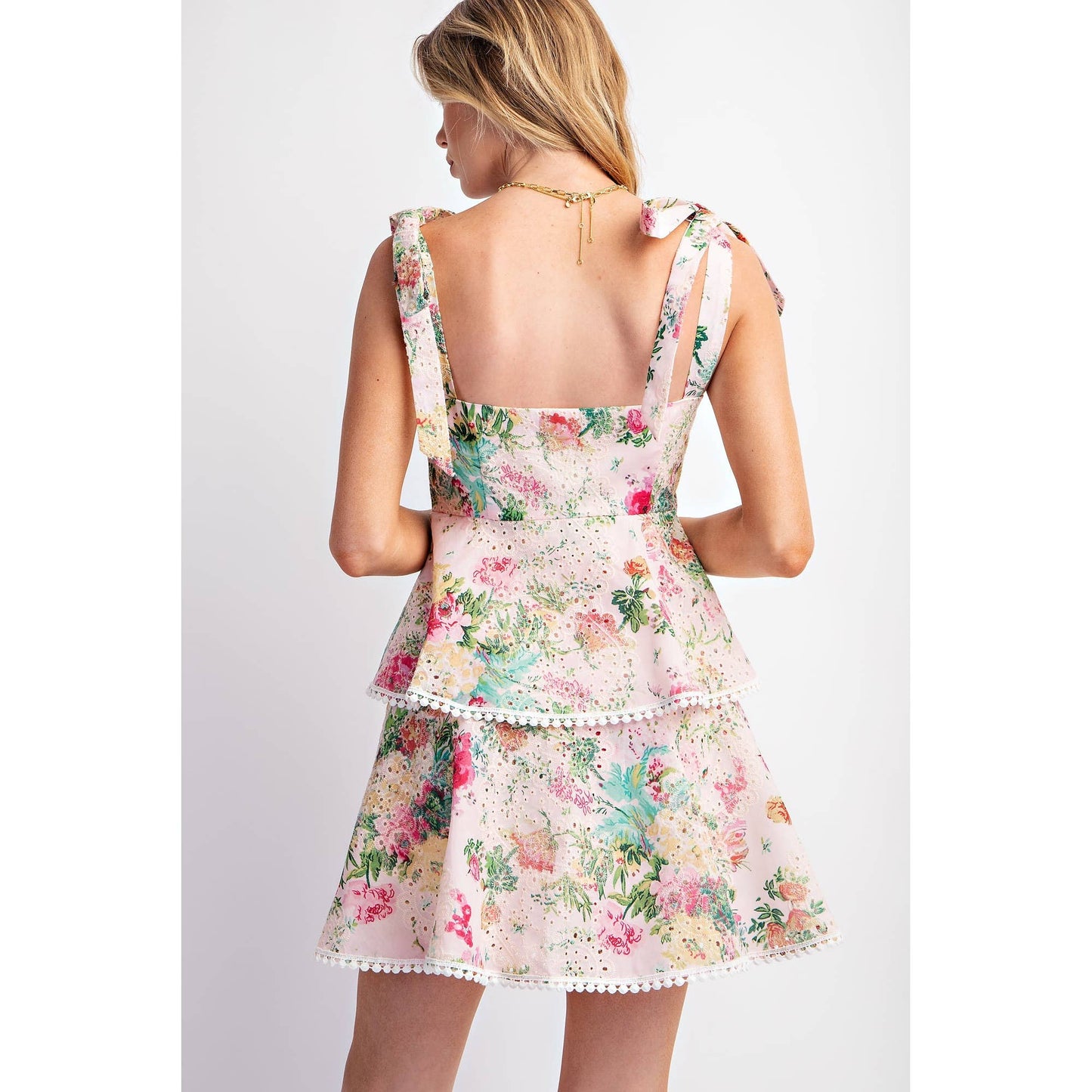 Floral Print Eyelet Tiered Mini Dress