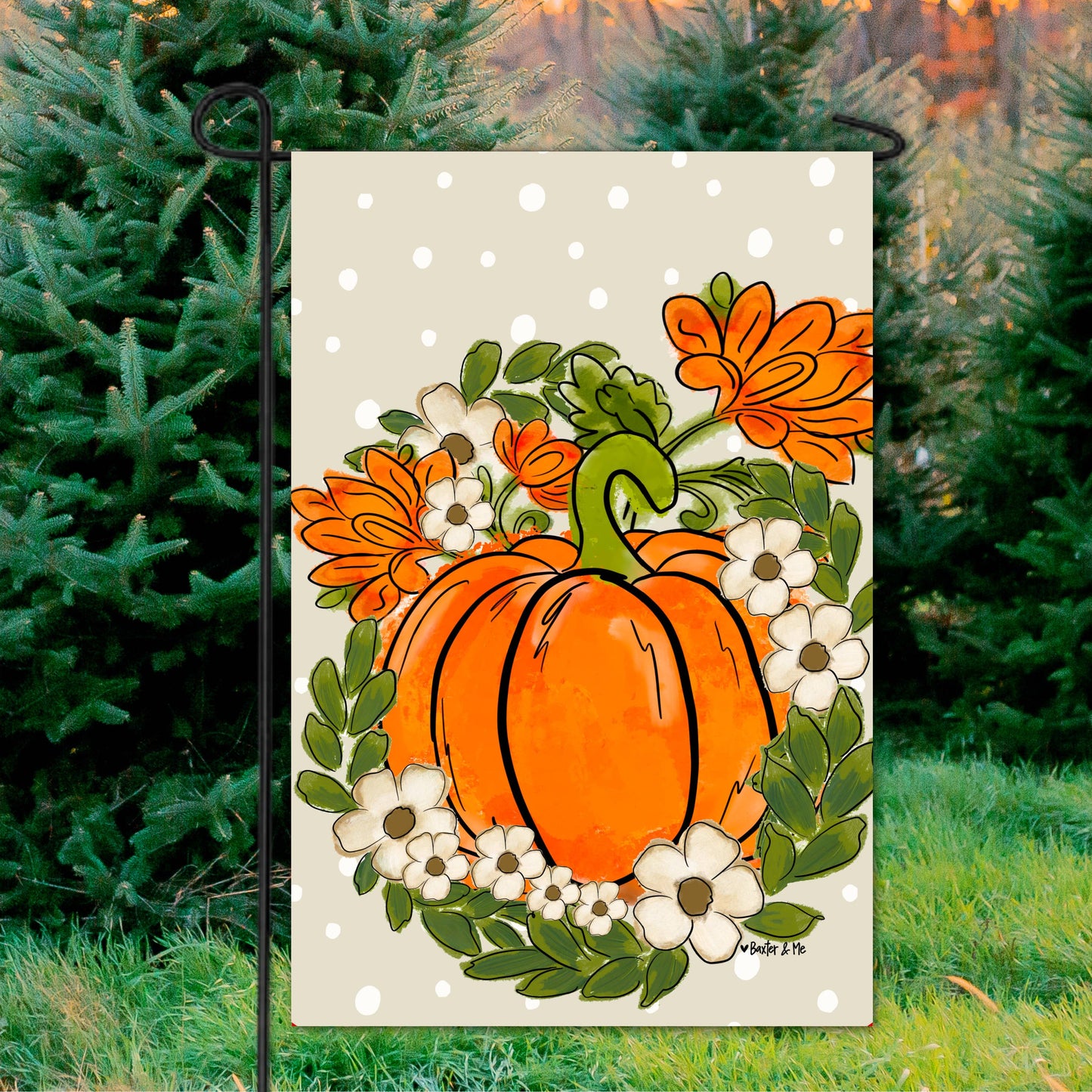 Cream Polka Dot Pumpkin with White Flowers Garden Flag