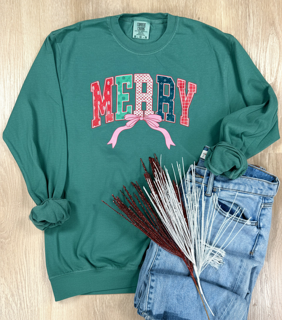 Merry Bow Patchwork Long Sleeve Christmas Tee