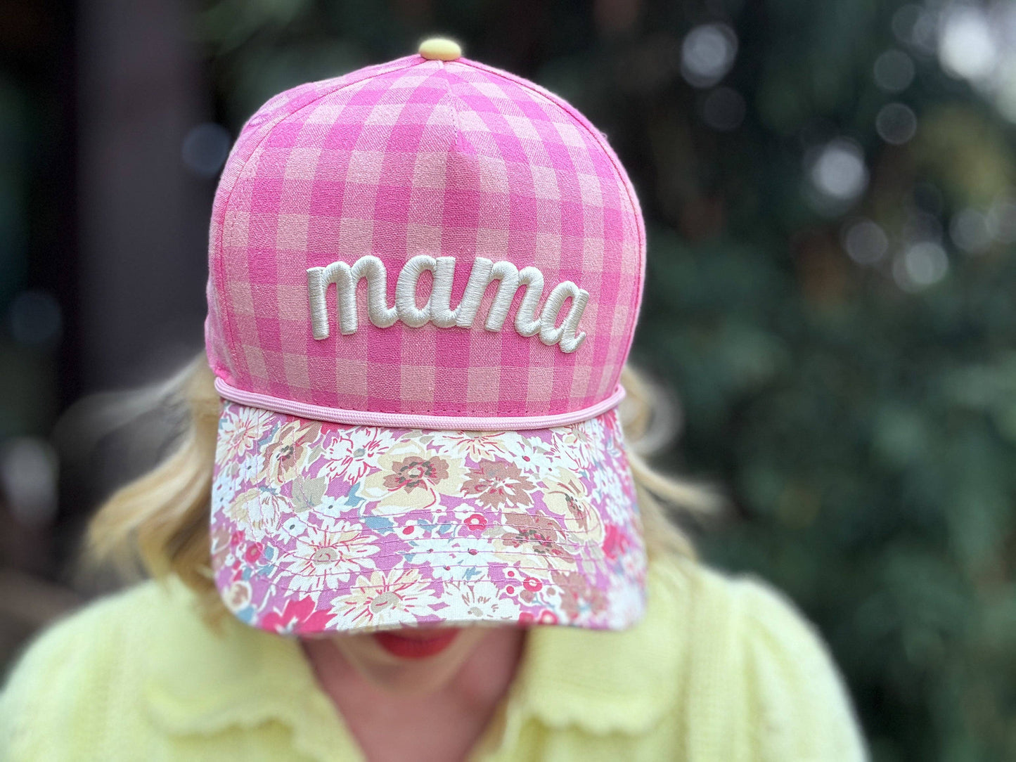 Mama Embroidered Pink Gingham & Floral Snapback Hat