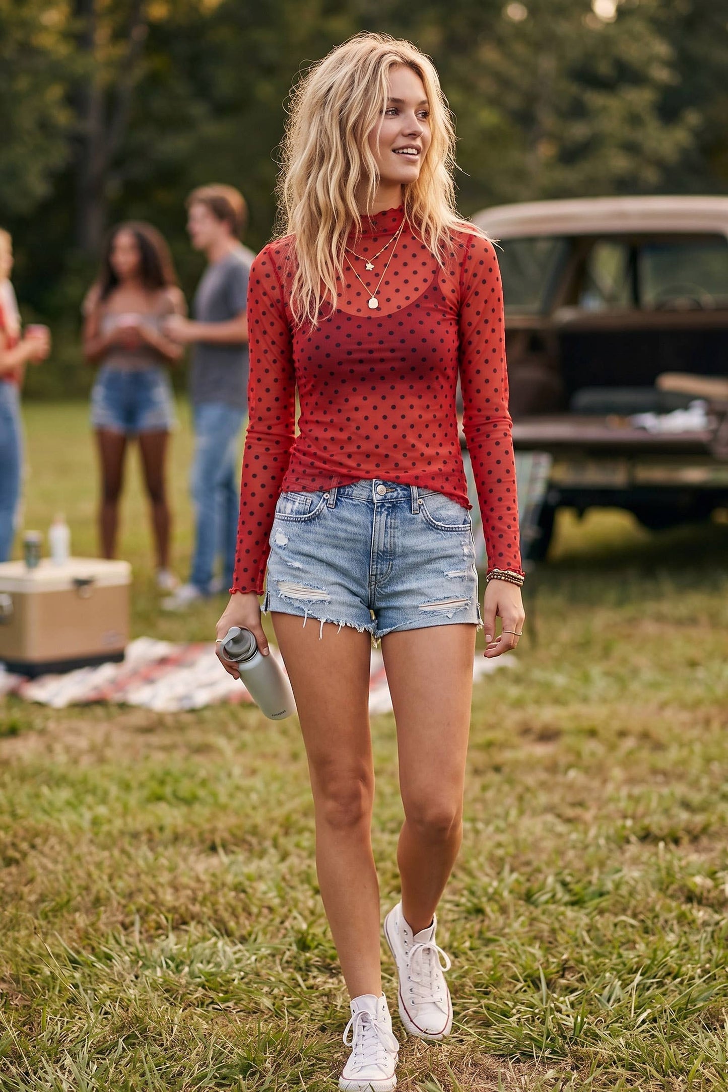 Polka Dot Mesh Long Sleeve Layering Top