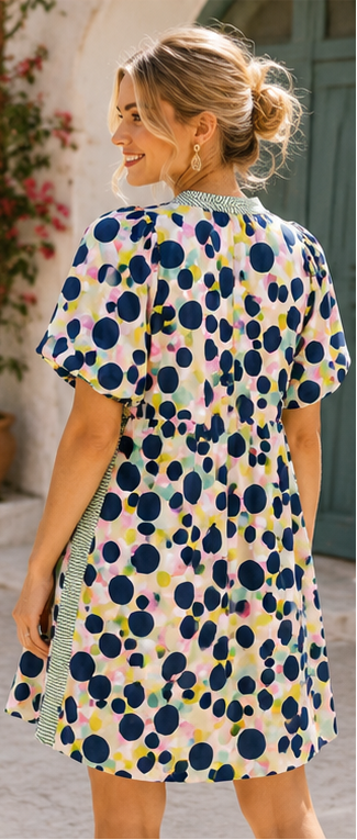 Umgee Polka Dot Print Tunic Dress with Contrast Trim