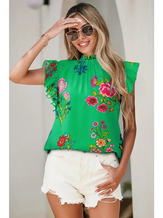 Floral Print Flutter Sleeve Frilly Neck Top