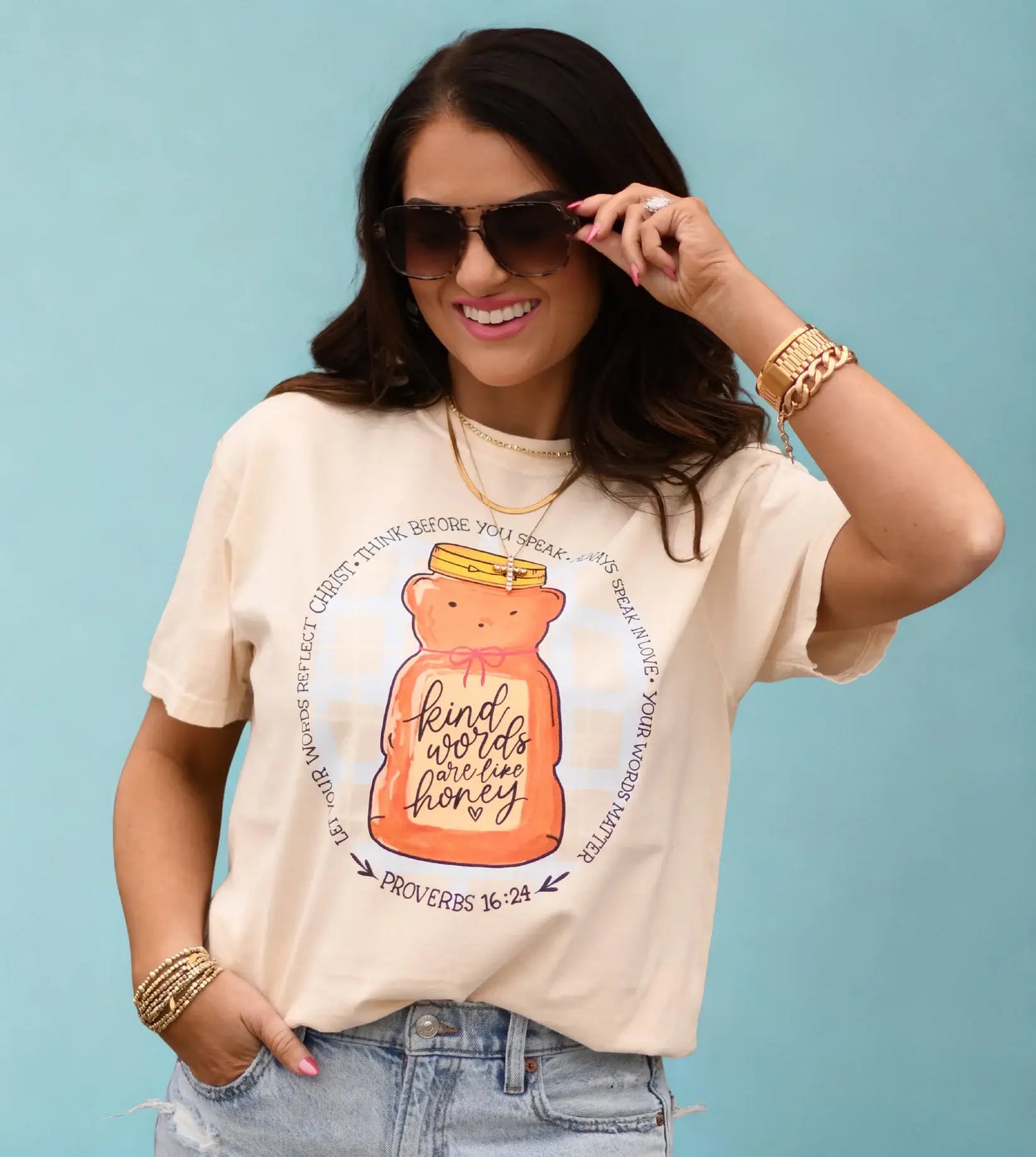 Kind Words Are Like Honey tee detail showing honey jar graphic design - Proverbs 16:24 faith shirt