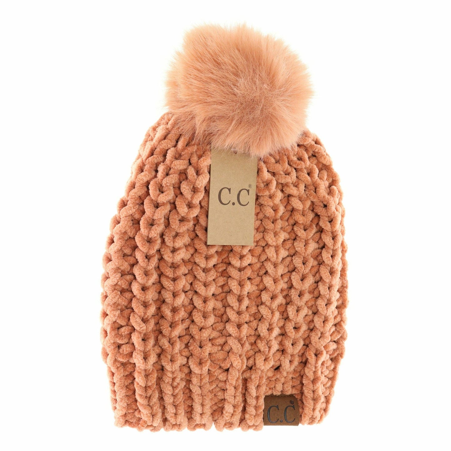 C.C Chenille Chunky Knit Faux Fur Pom Beanie