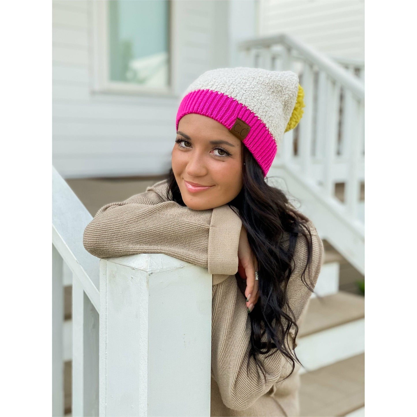 C.C Color Block Knitted Sherpa Pom Beanie