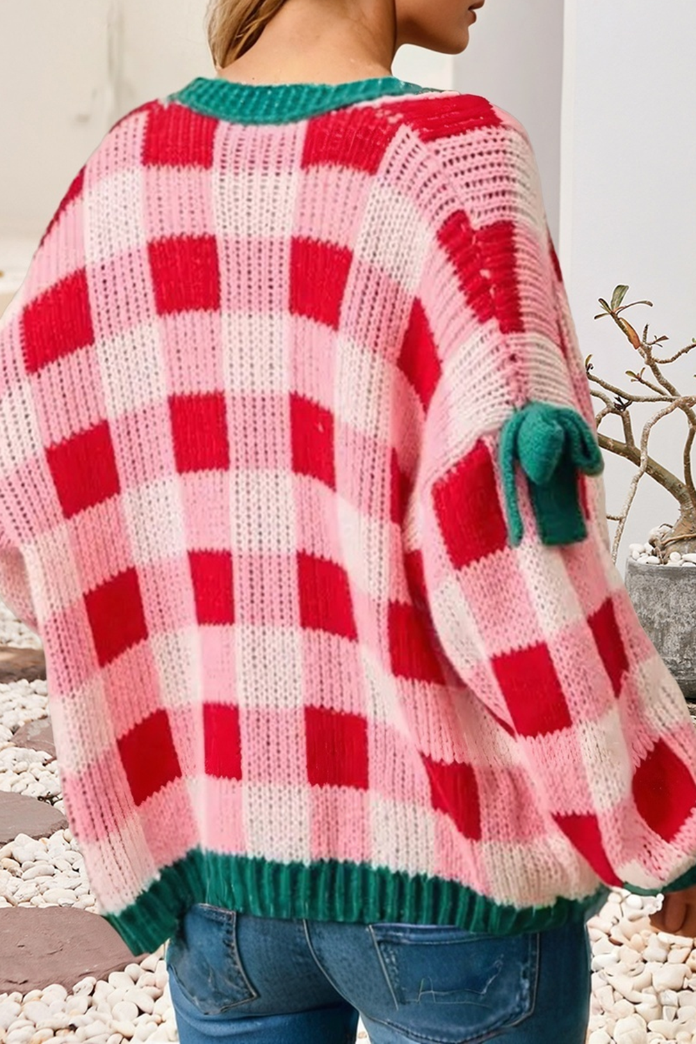 Holiday Check Bow Sleeve Cardigan