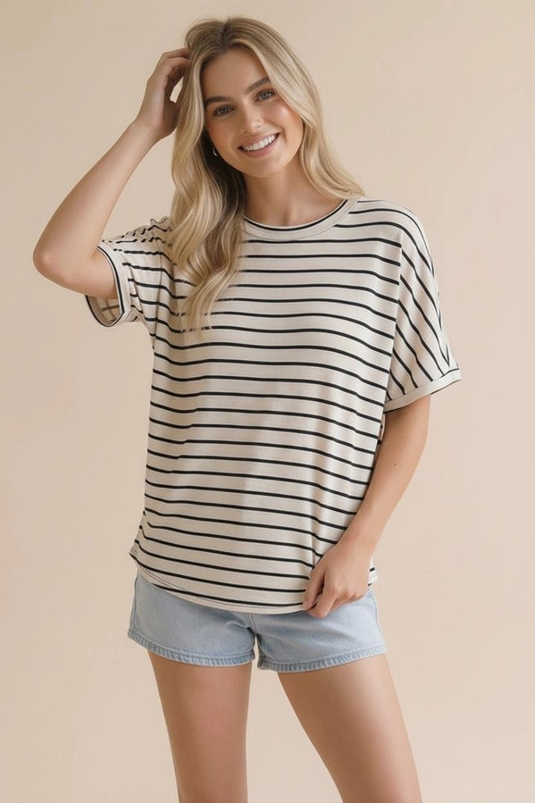 Striped Oversized Tee – Black and Cream Casual Short Sleeve Top