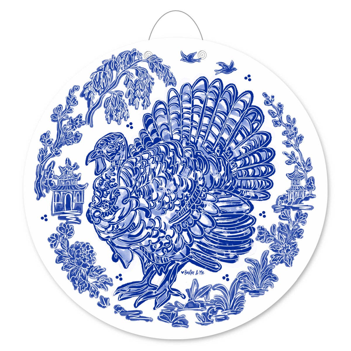 Decorative plate with a blue turkey design on a white background