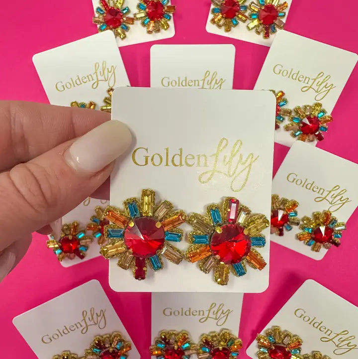 Fall Multicolor Rhinestone Burst Stud Earrings