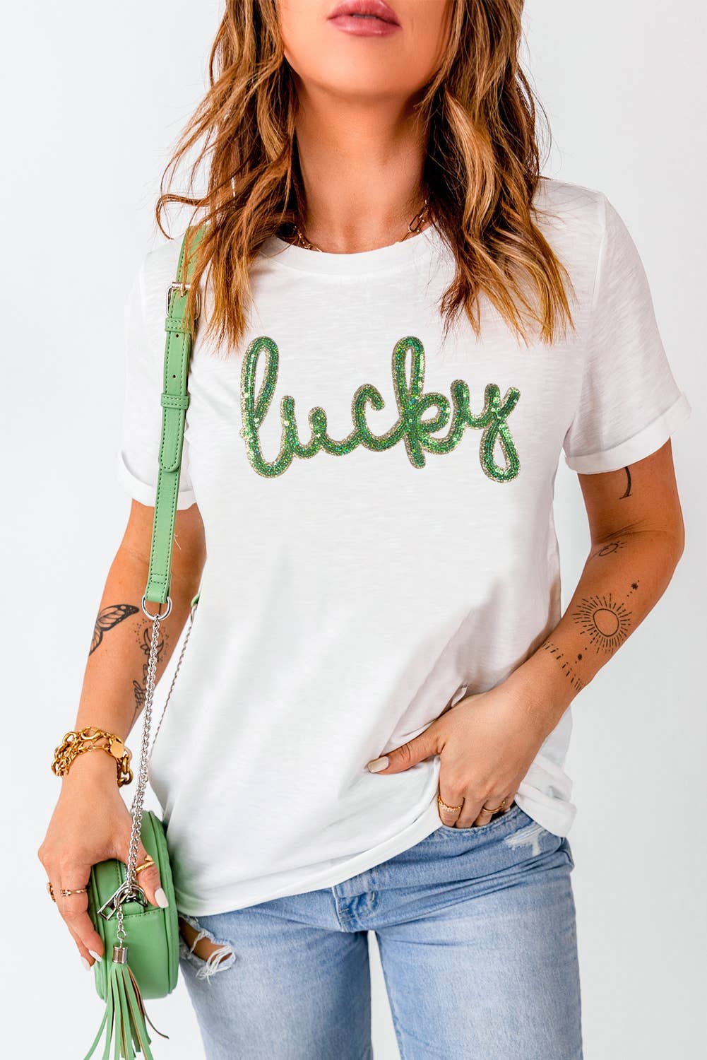Sequined Lucky St.Patricks Day Graphic Tee
