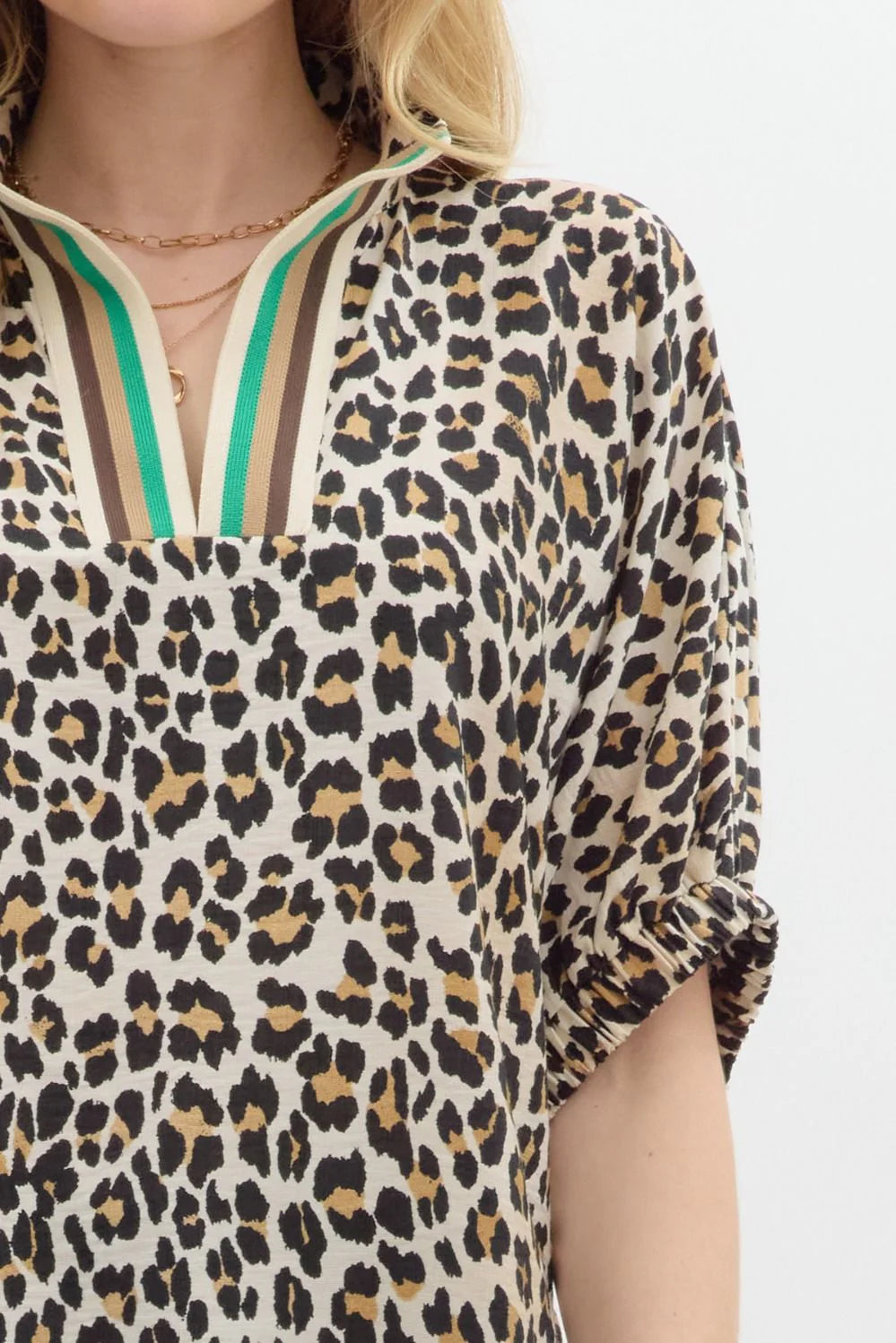 Leopard Print Dolman V Neck Top