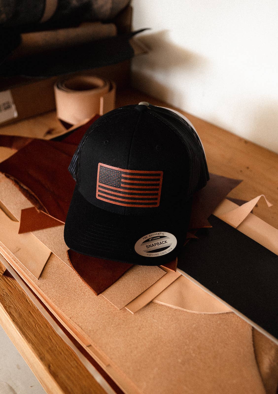 American Flag Rectangle Leather Patch Hat