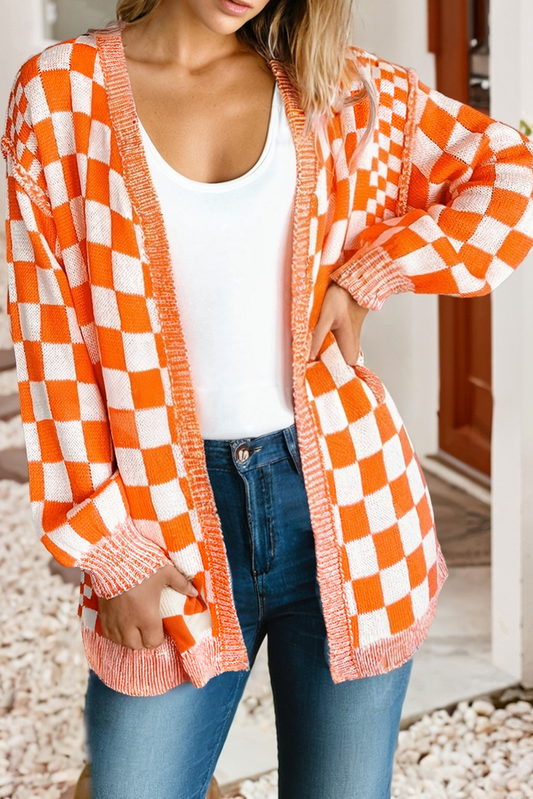 Orange & White Checkered Cardigan