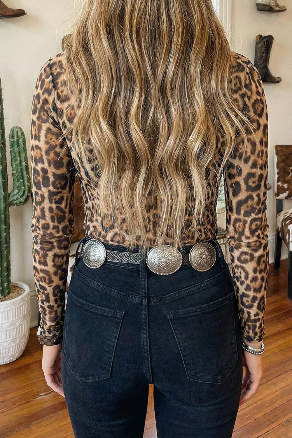 mock neck leopard top styled with jeans outfit