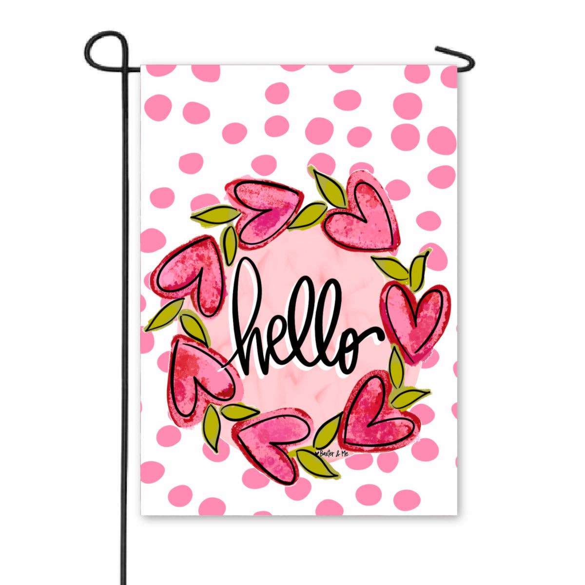 Hello Heart Vine Wreath Pink Dots Garden Flag
