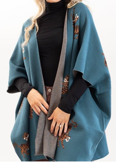 She + Sky Teal Tiger Print Poncho Cardigan