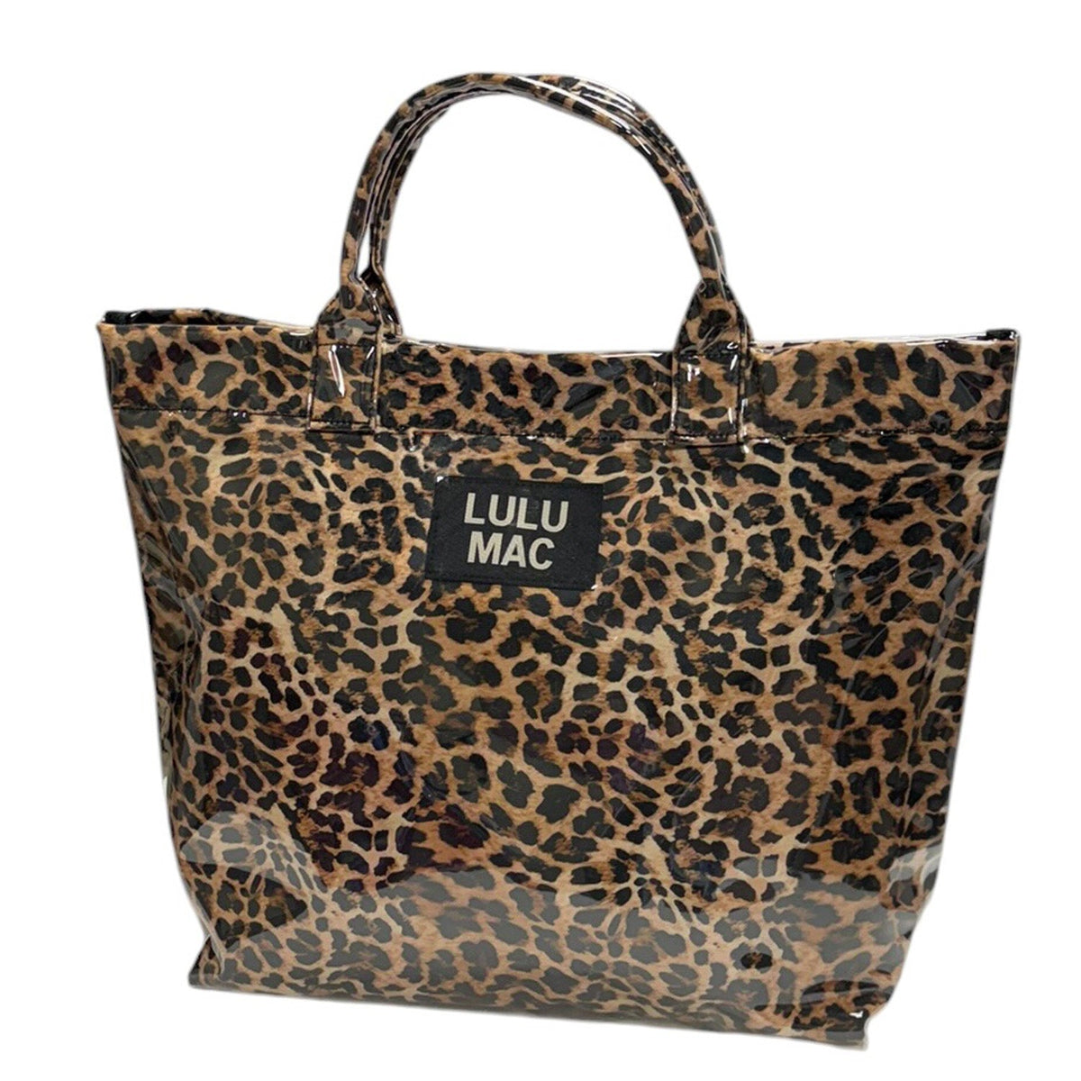 Lulu Mac glossy leopard print tote bag with black Lulu Mac patch