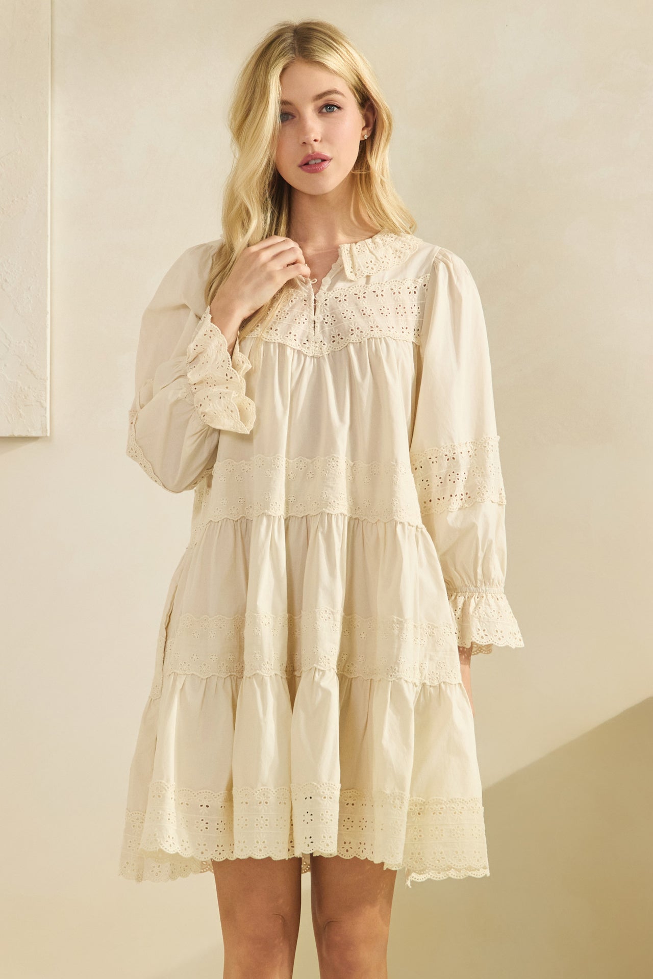 cream eyelet lace dress back view relaxed fit cotton dress