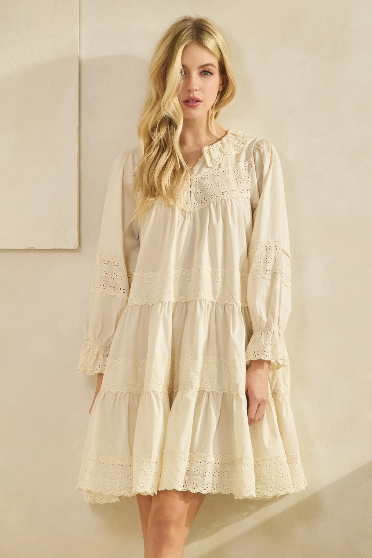 cream eyelet lace babydoll dress front view flowy tiered cotton dress
