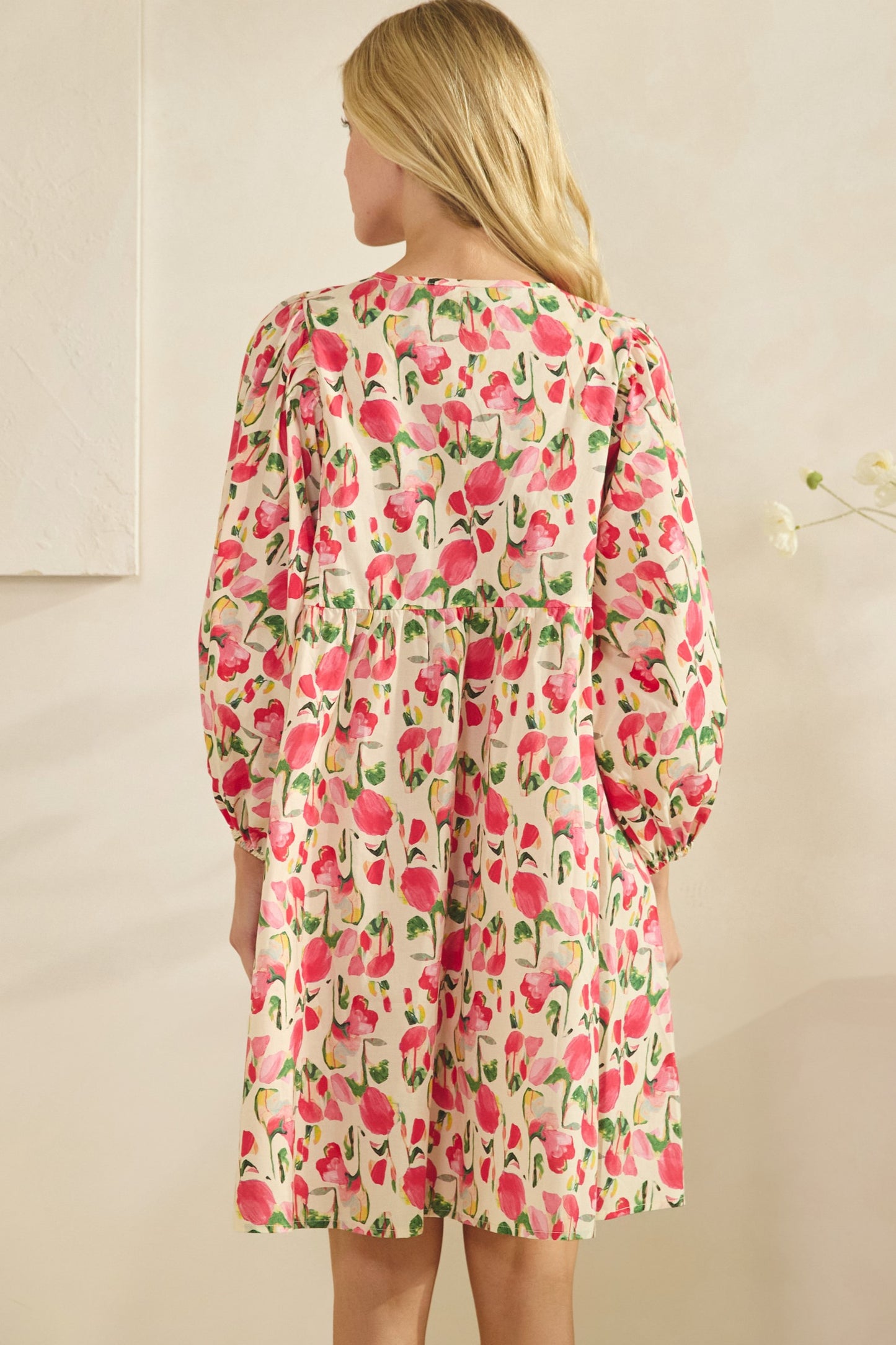 floral mini dress with long sleeves and elastic cuffs