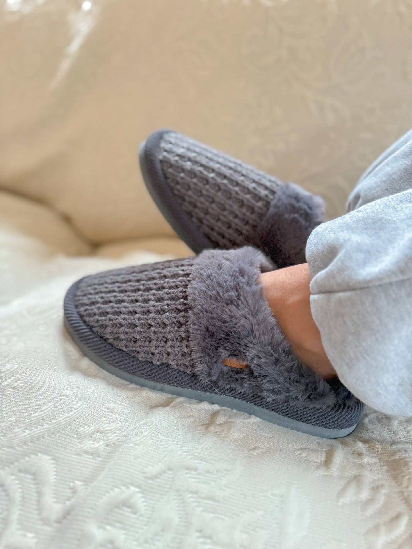 Waffle Knit Faux Fur C.C Slippers