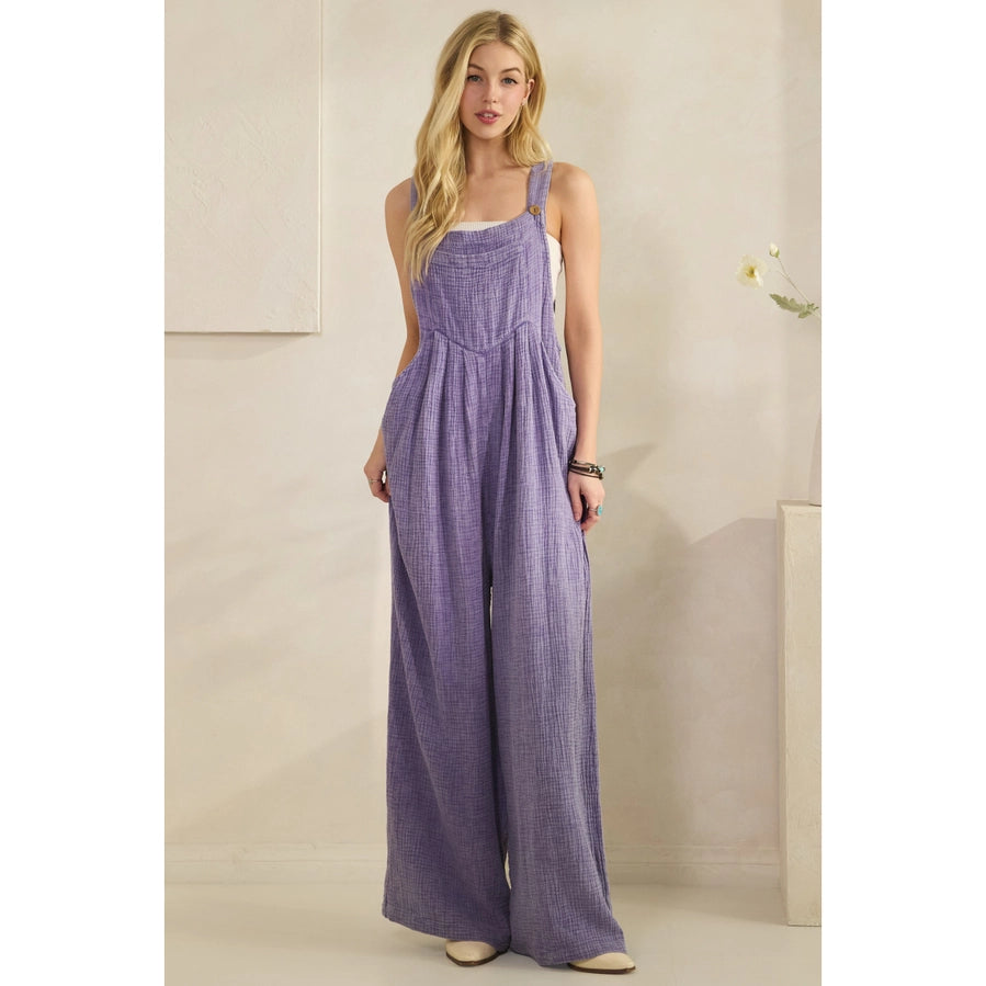 Lavender Crinkle Gauze Wide Leg Overalls