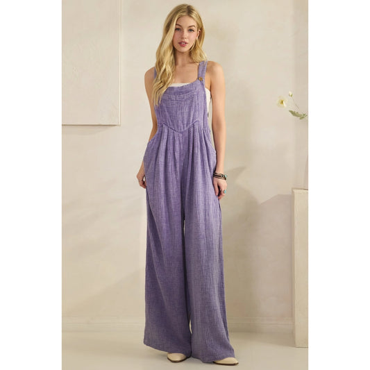 Lavender Crinkle Gauze Wide Leg Overalls