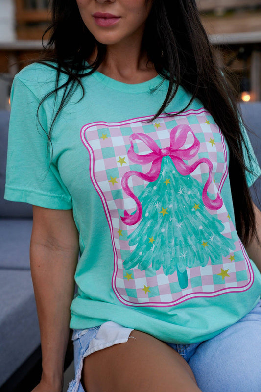 Mint Checkered Christmas Tree with Pink Bow Tee