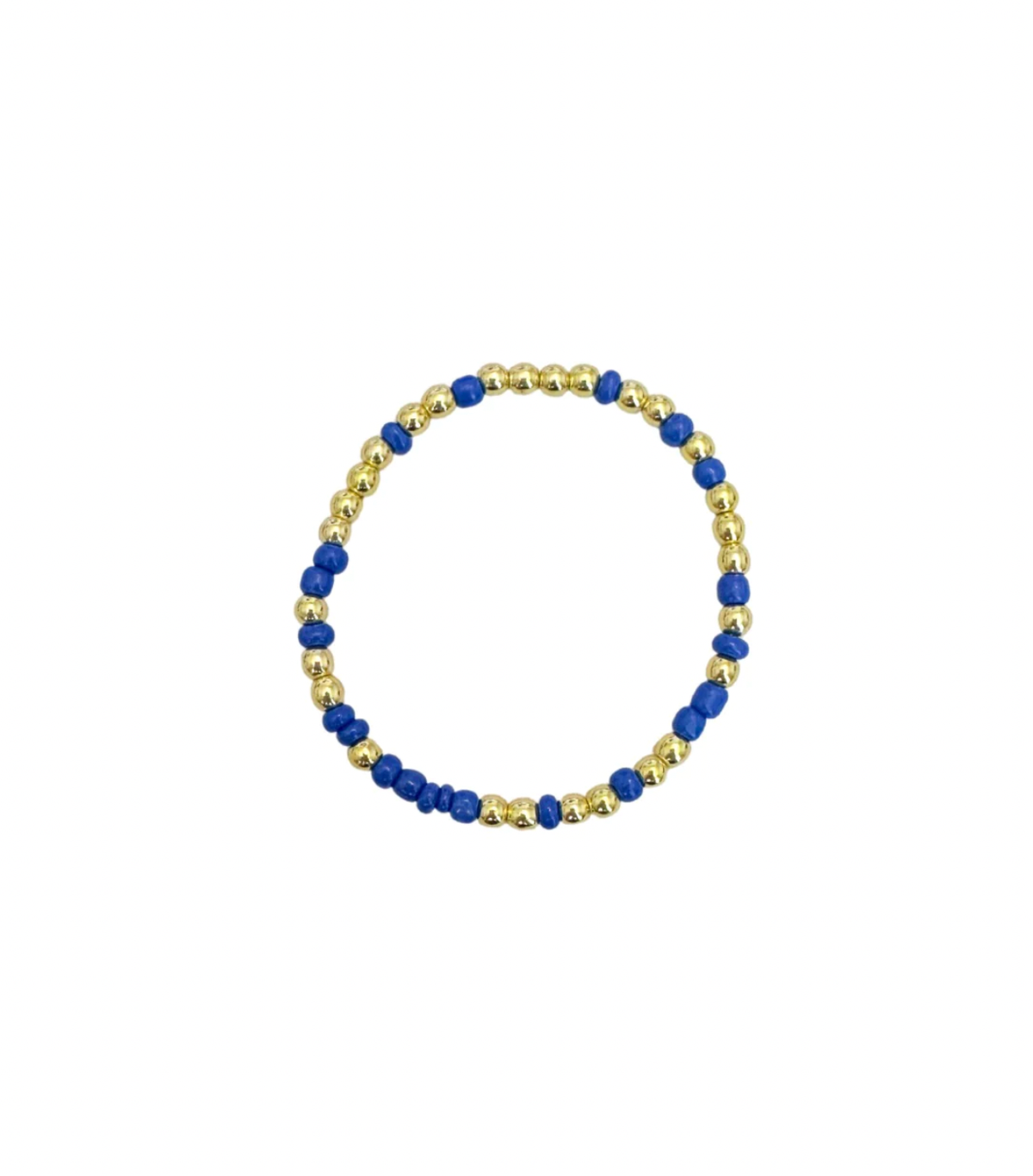 A beaded stretch bracelet featuring alternating sections of smooth royal blue beads and textured metallic gold beads, shown on a plain white background.