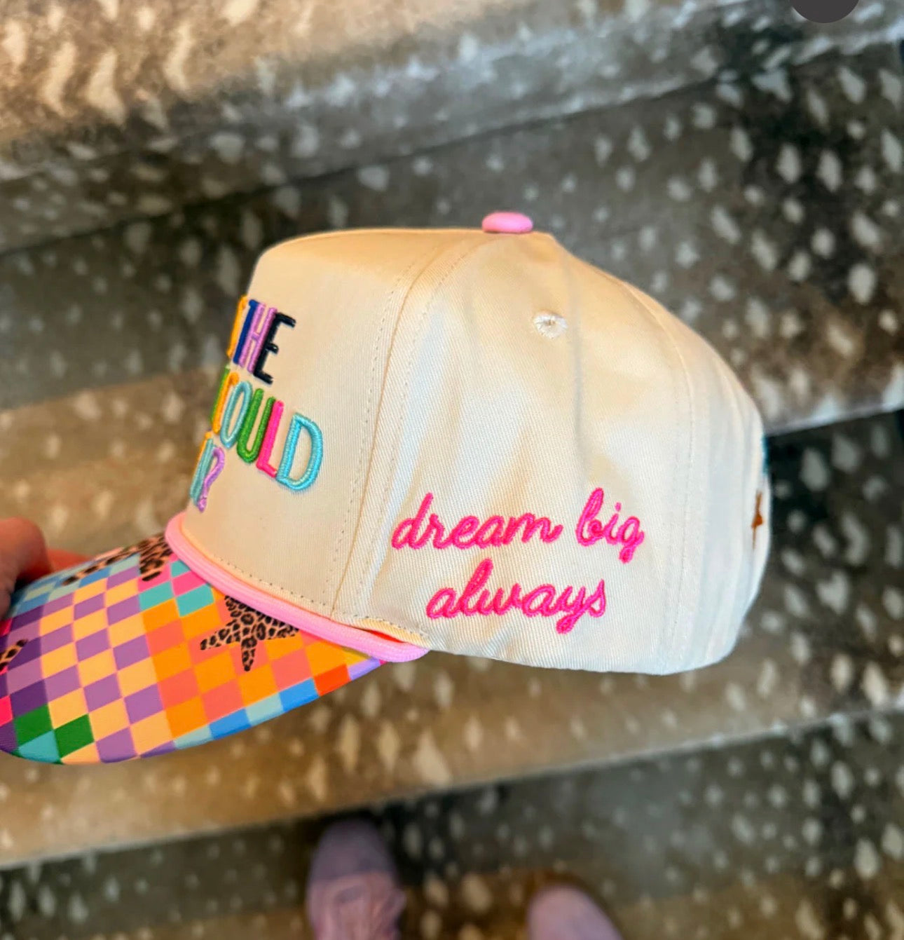 Whats The Best That Could Happen Hat by Poppy and Pine - group of hats flat lay showing colorful checkered brims