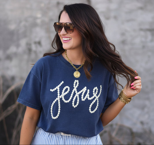 jesus graphic t shirt with pearl lettering navy bella canvas tee
