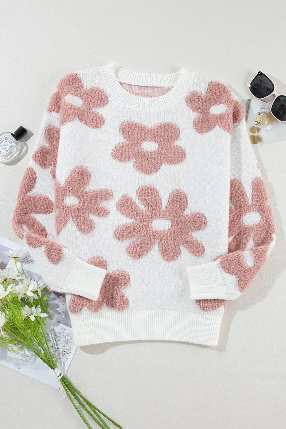 White Textured Flower Loose Sweater