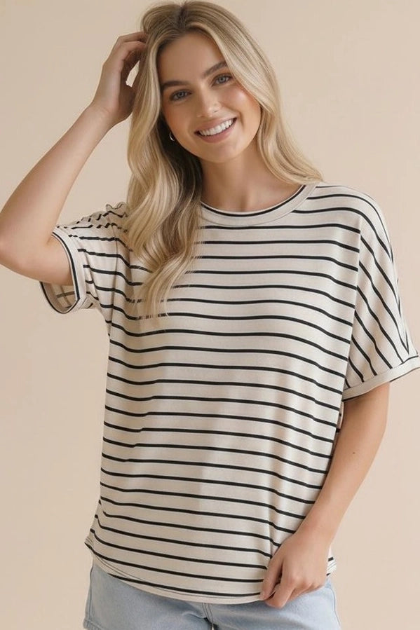 Striped Oversized Tee – Black and Cream Casual Short Sleeve Top