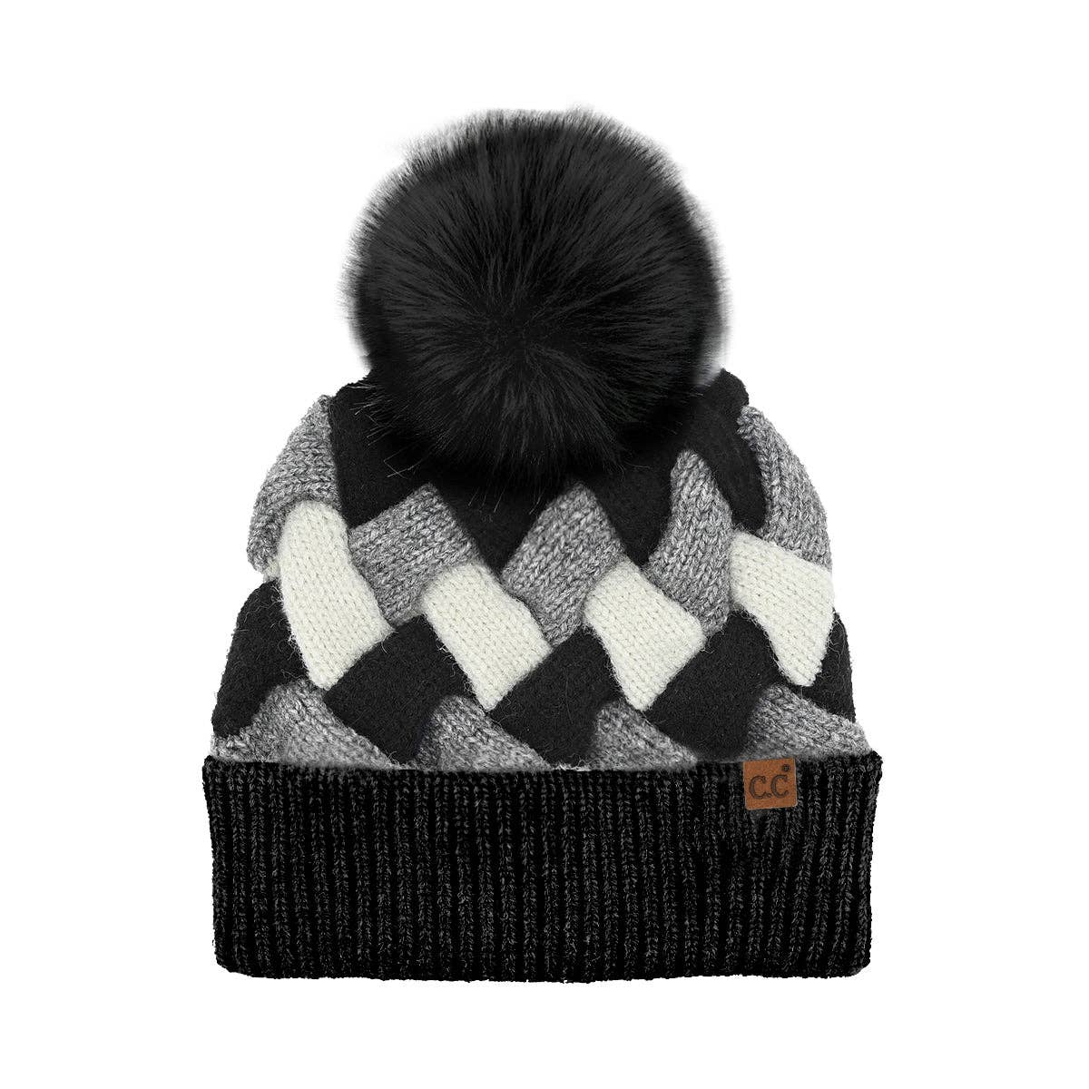 Chunky Weaved Faux Fur C.C Pom Beanie