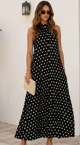 Black Polka Dot Halter Maxi Dress with Pockets