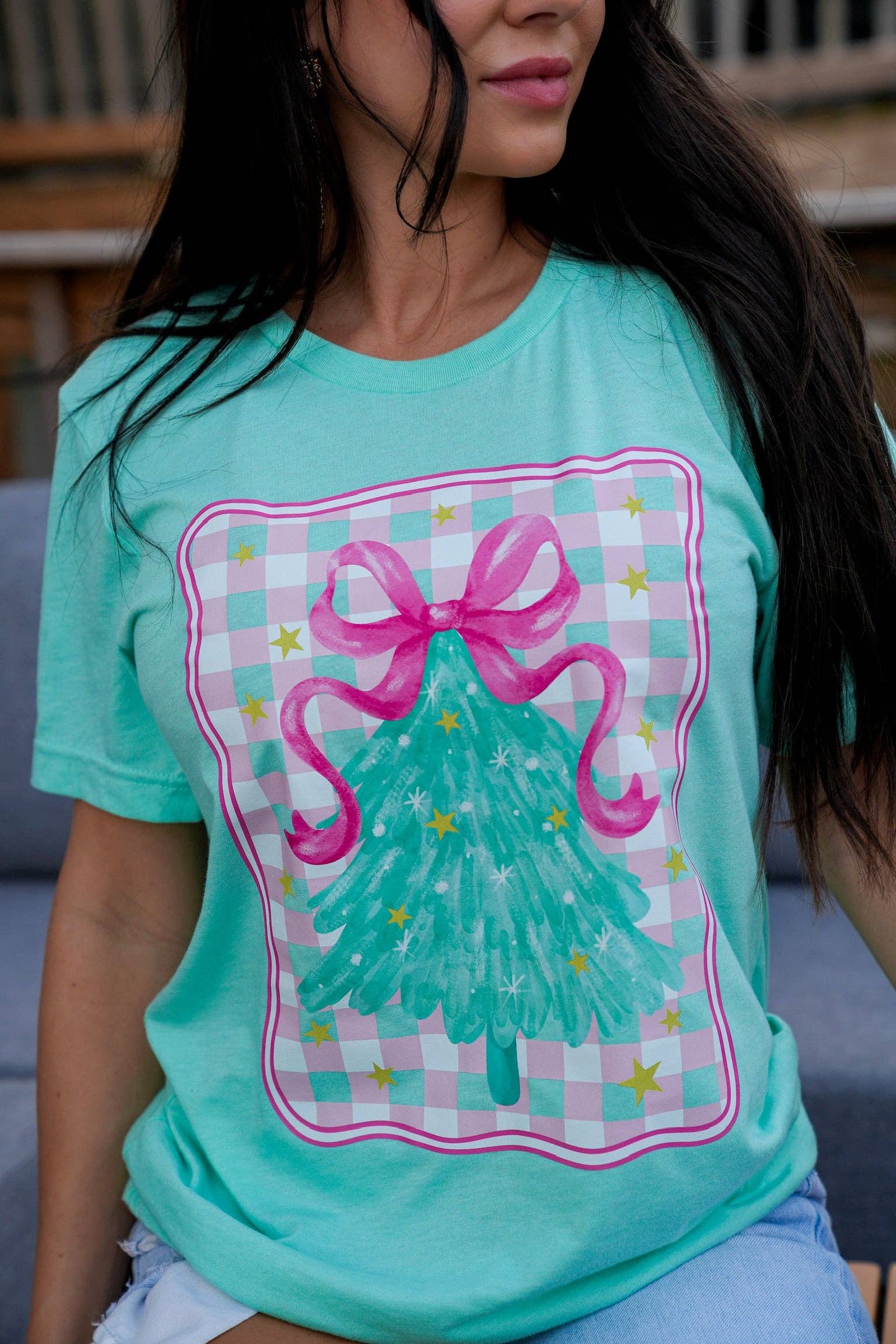 Mint Checkered Christmas Tree with Pink Bow Tee